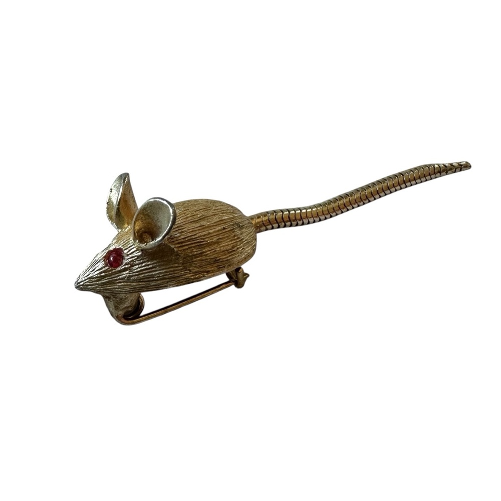 Vintage Articulated Mouse Brooch Gold tone Rhinestone Whimsy Figural Animal Pin